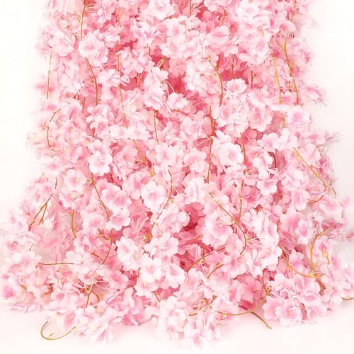 Augshy Cherry Blossom Garland, 6 Pack Artificial Cherry Flower Vines Pink Silk Sakura Vine Hanging for Wedding Party Arch Office Table Spring Summer Valentine Floral Home Decor
