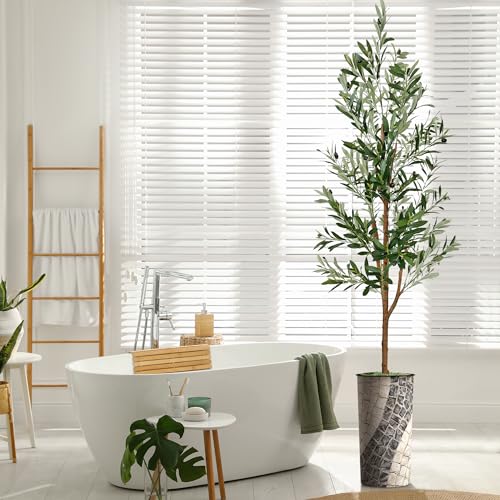 Artificial Tree in Geometric Pattern Planter, Fake Olive Silk Tree for Indoor and Outdoor Home Decoration - 68" Overall Tall (Plant Pot Plus Tree) - style: Olive Tree