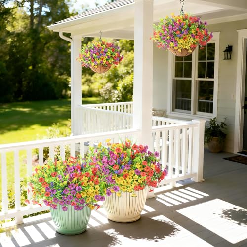 Artificial Flowers for Outdoors, 14 Bundles UV Resistant Fake Silk Flowers with Greenery Grass Lavendar Faux Plants Planter for Summer Decoration Porch Patio Yard Home Decor - color: Mixd Colors With Lavender Greenery Grass