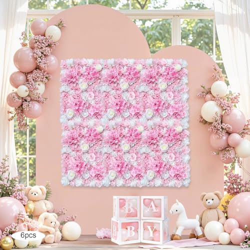 12 Pcs Artificial Flower Wall Panels Silk Dahlia Rose 3D Faux Flower Backdrop Panels Background Decorative for Wedding Celebrations Festive Party Home, 23.62 * 15.74in (Pink-8) - color: Pink-8