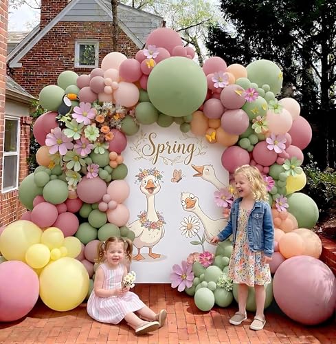 Pastel Pink Yellow Green Balloon Arch with Artificial Flower Double Stuffed Dusty Green Pink Peach Mauve Balloon Garland Kit for Tea Party Wildflower Spring Birthday Baby Shower Fairy Party Decor - color: Pink Green Yellow