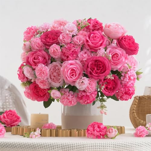 8 Pcs Mixed Artificial Peony Flowers Set-4 Bouquets & 4 Stems, Pink Fake Peony Rose Hydrangea Flowers for Vase Silk Floral Arrangements for Table Centerpiece Wedding Party Bridal Decoration Home Decor - color: Mixed Pink, size: Mixed 8pcs