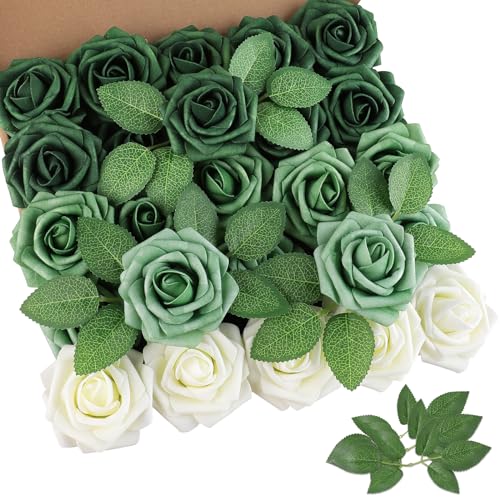 AmyHomie 25pcs Real Looking Artificial Shades of Forest Roses w/Stem for DIY Wedding Bouquets Centerpieces Arrangements Party Baby Shower Valentines Day Christmas Tree Decorations - color: Shades of Forest Green