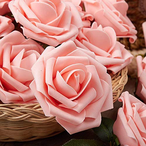 Artificial Rose Flower Heads, 100pcs Peach Roses Artificial Flower Foam Rose for DIY Wedding Bouquets Centerpieces Arrangements Party Baby Shower Home Decor (Stemless, Peach) - color: Peach, size: 100PCS