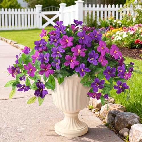 Homsunny Artificial Fake Flowers Plants Outdoor, 2PCS Realistic Faux Silk Flowers UV Resistant Fake Outdoor Flowers for Spring Outside Porch Garden and Home Patio Yard Decor (Light Purple Red) - color: B02 Double Orchid