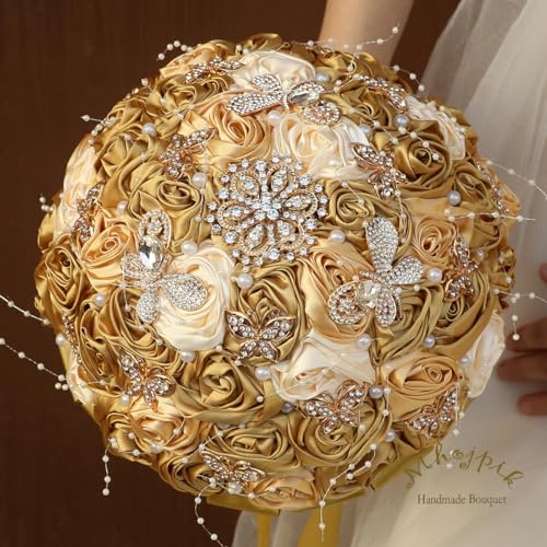 Handmade Wedding Flowers Bouquet Round Holding Bridal Bouquet Artificial Satin Roses Bunch for Bride Bridesmaid Wedding Quinceanera - color: Gold, Light Gold & Cream, size: Medium (Dia. 8.7"/22cm)
