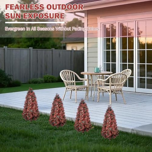 Set of 2 Topiary Trees Artificial Outdoor for Spring, 3.3FT Tall Artificial Plant Faux Shrubs Bushes with Stakes,UV Resistant Fake Boxwood Plants for Outdoor Planter,Porch, Garden, Patio,Indoor Decor - color: Red