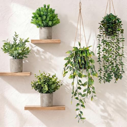 Artificial Hanging Plants 5 Pack – Small Fake Potted Ivy Plants for Indoor or Outdoor Décor, Wall Shelf Home Office Room Decoration, Realistic Faux Plants with Planters - size: 5-pcs-5in1