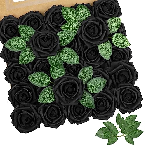 AmyHomie Artificial Flowers Black Rose 25pcs Real Looking Fake Roses w/Stem for DIY Wedding Bouquets Centerpieces Arrangements Party Baby Shower Valentines Day Christmas Tree Decorations - color: Black