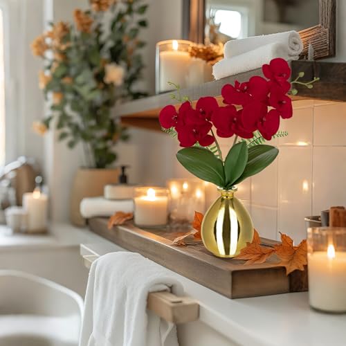 Oairse Red Orchids Artificial Flowers, Faux Orchid in Glass Vase Real Touch Small Phalaenopsis Orchid Flowers Arrangements with Gold Vase Orchids Centerpiece for Dining Room Table - color: Red & Gold