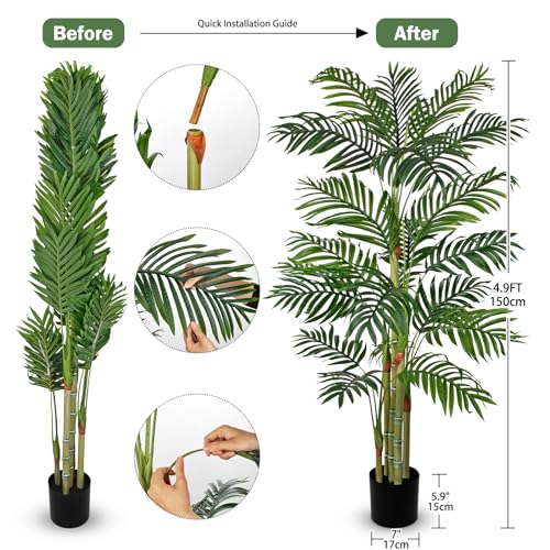 Hollyone Fake Palm Tree Decor 5FT with Planter Artificial Palm Tree Faux Tropical Areca Floor Plant in Pot with 5 Textured Trunks Silk Plant for Home Garden Outdoor Indoor Office Decor - color: 5ft