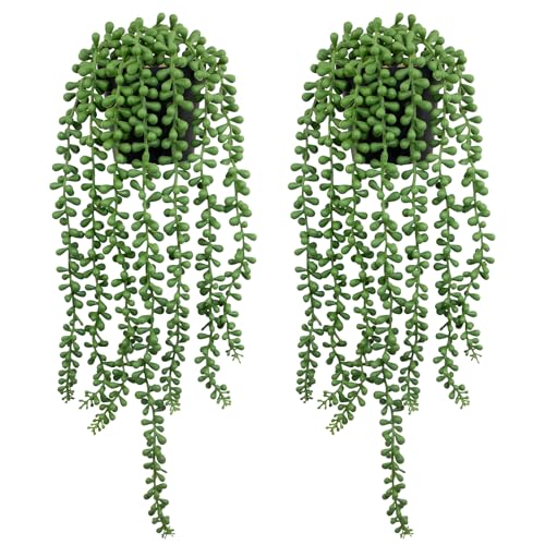 LOYWREE 2 Pack Lifelike Artificial String of Pearls Plant - Faux Hanging Succulent with Black Pot, Realistic Trailing Fake Plant for Indoor Outdoor Shelf Desk Window Sill Home Garden Office Decor - color: String of Pearls, size: 2Pack