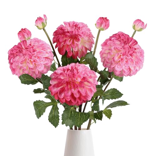 IPOPU 4pcs Artificial Dahlia Flowers 29" Realistic Dahlia Silk Flowers Long Stem Flowers with Buds for Tall Vase DIY Bouquet Home Wedding Decor (Hot Pink) - color: Dark Pink