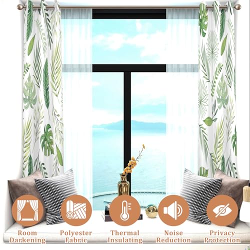 Renaiss Green Leaf Blackout Curtains, Tropical Safari Plants Patterned Thermal Insulated Bedroom Window Curtains, Eucalyptus Botanical Window Curtains for Kitchen, 45" L x 29" W 2 Panel Set - color: Green & White, size: 29"W x 45"L (Pack of 2)