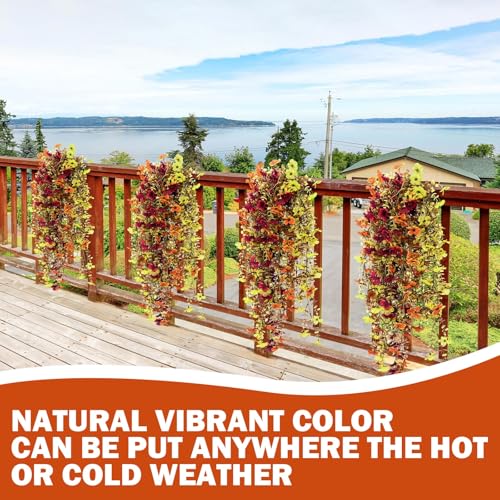 6 Pcs Fall Artificial Hanging Flowers Outdoor Faux Silk Mum Plant Decor Violet with Eucalyptus Realistic UV Resistant Trailing Vine Autumn Thanksgiving Porch Yard(Retro Color,Violet) - color: Retro Color,, style: Violet