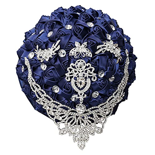 XINNI Brooch Bridal Wedding Bouquet Bride Bridesmaids Satin Rose Flower Bouquet with Bling Drop-Shaped Rhinestone for Wedding Navy Blue - color: Navyblue