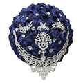 XINNI Brooch Bridal Wedding Bouquet Bride Bridesmaids Satin Rose Flower Bouquet with Bling Drop-Shaped Rhinestone for Wedding Navy Blue - color: Navyblue
