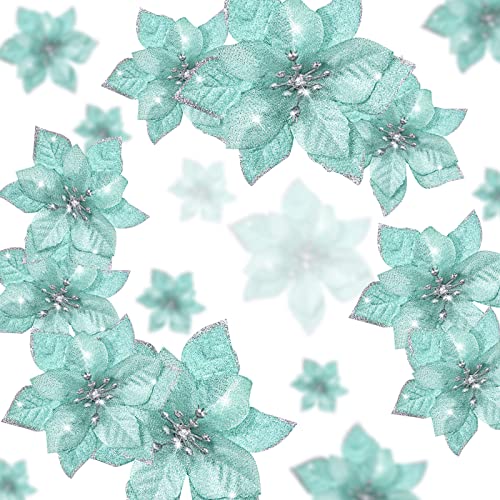 Geosar 100 Pcs 3 Size Christmas Poinsettia Flowers with Clips Glitter Artificial Flowers Small Christmas Tree Ornaments Faux for Xmas Party DIY Craft Wreath Garland New Year, 3/4/6 Inches(Mint Green) - color: Mint Green