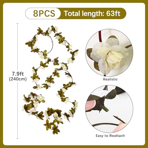 8Pcs 63Ft Cream Rose Garland, Fake Flower Vines, Artificial Vine Flowers, Rose Hanging Garland for Party Wedding, Garden, Room Table, Christmas, Backdrop Wall Arch Decor - color: Cream, size: 8Pcs-63Ft