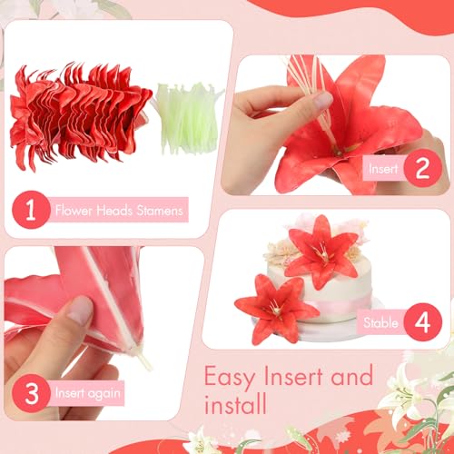 Suncalla 30 Pack Large Artificial Lilies Flower Heads with Realistic Stamens 5.9" Faux Fake Lily Flower Heads Bulk for DIY Crafts Cake Wedding Bridal Wreaths Table Home Party Decor (Red) - color: Red