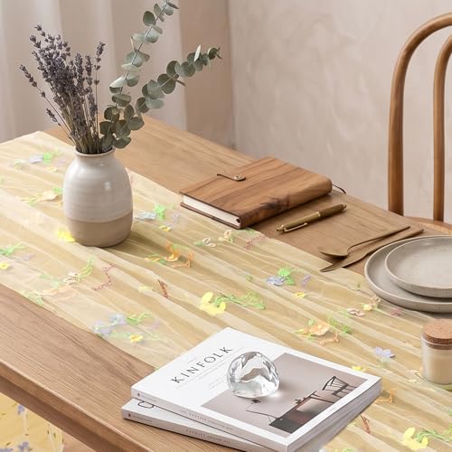 Champagne Floral Table Runner 10ft Embroidery Tulle Spring Wildflower Table Runner Seasonal Summer Butterfly Kitchen Dining Gauze Decoration for Baby Shower Wedding Party Birthday (1 Pcs) - color: Yellow