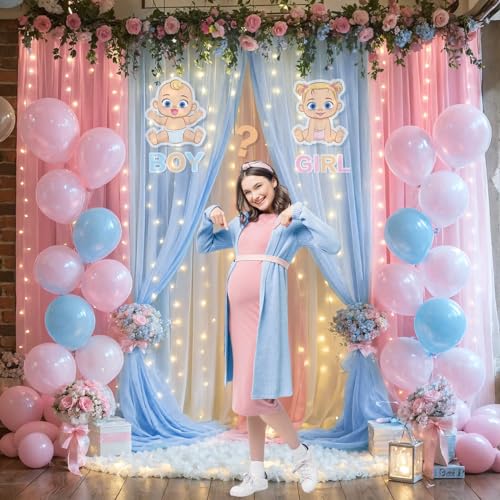 Pink Blue Sheer Tulle Backdrop Curtains with Lights String for Gender Reveal Baby Shower Decorations for Boy or Girl Birthday Party Photo Shoot Backdrop Background Decorations 2 Panels 5×8ft - color: Pink and Blue, size: 10 ft X 8 ft(2 Panels 5ft X 8ft)