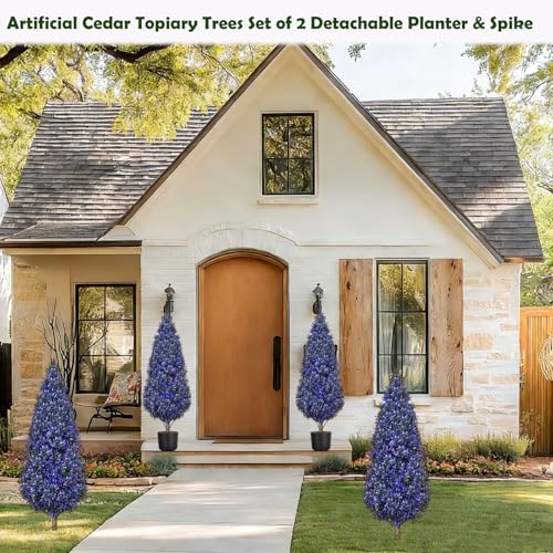 2PACK Topiary Trees Artificial Oudoor Indoor,3.3FT Lavender Purple Faux Potted Plant Fake Shrubs Boxwood Trees with Pot,Spike,Realistic Faux Bushes Evergreen Tree UV Resistant for Front Porch Balcony - style: Multiple