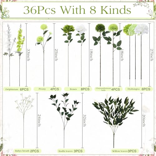Suncalla 36 Pcs Green Artificial Flowers Bouquet Set 8 Kind Faux Delphinium Rose Peony Chrysanthemum Hydrangea Baby's Breath Florals with Greenery Long Stem for Wedding Table Vase Decor - color: Green
