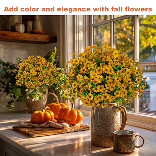 AXYLEX Artificial Fall Flowers for Outdoors Fake Mums - 16 Bundles Faux Plants Outside Greenery Boxwood No Fade Plastic Shrubs Decor Farmhouse Home Garden Thanksgiving (Yellow) - color: Yellow