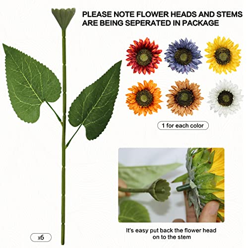 Olrla Long Stem Artificial Sunflower for Tall Vase, Silk Fake Fall Sunflowers for Home Wedding Party Decoration (6 Mixed Colors) - color: Mixed Color-long Stem
