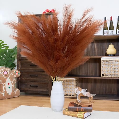 Premium Pampas Grass, Faux Burnt Orange Pampas Grass – 8pcs 43.3″ 110cm Tall Fluffy Pampa Decor, No Assembly 18-Branch One-Piece Stems, Luxury Feather Flowers for Boho Wedding Home Floral Decorations - color: Faux Burnt Orange, size: 8pcs 43.3"(110cm)