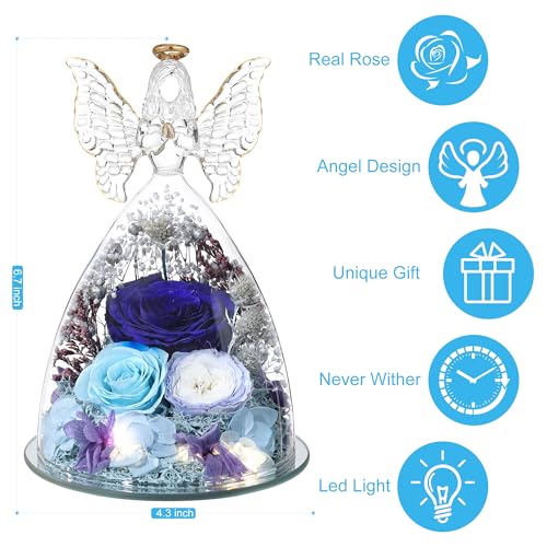 Mothers Day Rose Gifts for Women Preserved Real Flower in Glass Angel Figurines Roses for Delivery Prime Birthday Gifts for Mom Grandma Girlfriend Wife Her,Blue Austin Roses - color: Blue With Austin Roses
