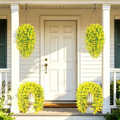 Artificial Hanging Flowers for Outdoors, 4 PCS UV Resistant Morning Glory Flowers with Eucalyptus Leaves, Silk Fake Flower Realistic Faux Plants for Home Patio Porch Garden Decor, Yellow - color: Yellow