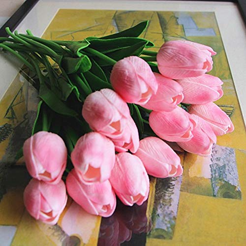 Artificial PU Tulips 10Pcs Real Touch Fake Flower Arrangement Bouquets for Home Office Wedding Decoration (Pink) - color: Pink