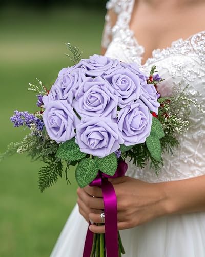 DuHouse 50Pcs Artificial Roses Flowers Fake Roses with Stems Real Touch Foam Flowers for DIY Wedding Bouquet Party Centerpiece Floral Arrangement Party Home Decor(Lilac) - color: Lilac, size: 50pcs