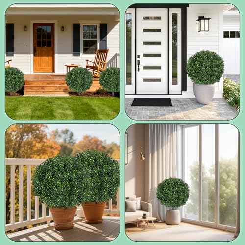 27.5" Artificial Boxwood Topiary Ball Tree, Set of 2 Fake Bushes Shrubs with Ground Spike, UV Resistant Faux Evergreen Boxwood Trees for Front Porch Planters Outdoor Garden Decor - color: Green-boxwood