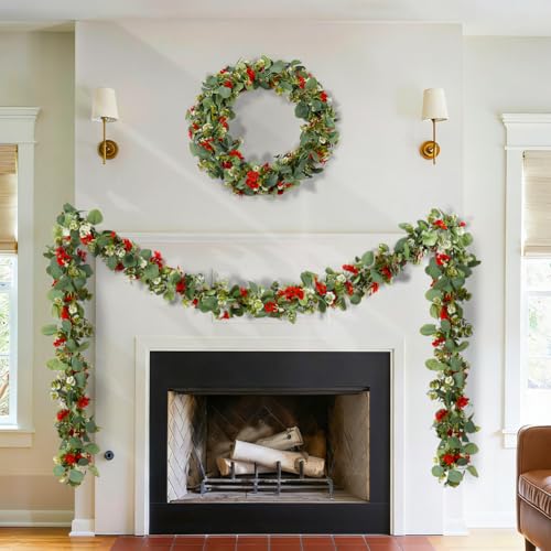 2Pack Eucalyptus Flower Garland with Violet 5.9Ft Artificial Ivy Greenery Hanging Vine Fake Ivy Floral Plants Garland for Wedding Outdoor Garden Party Background Table Runner, Total 11.8Ft, Red - color: Red Violet