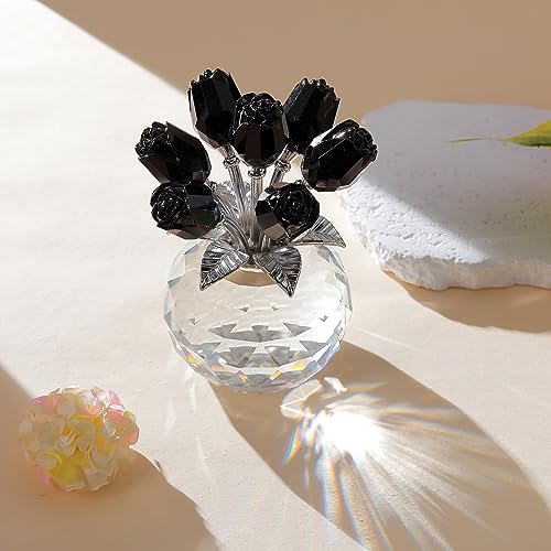 Movdyka Black Rose Flower Crystal Figurine with Vase, Bouquet Flowers Gifts for Wife Girlfriend Women - Fake Black Roses Halloween Gothic Decor - color: Black-crystal Rose