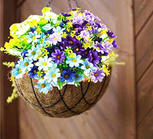 Artificial Daisy Flowers 6 Bundles, UV Resistant Fake Silk Flowers, No Fade Greenery Shrubs Plants for Garden Farmhouse Porch Wedding Indoor Outdoor Home Decor (Green White, Blue & Dark Purple) - color: Green White, Blue & Dark Purple