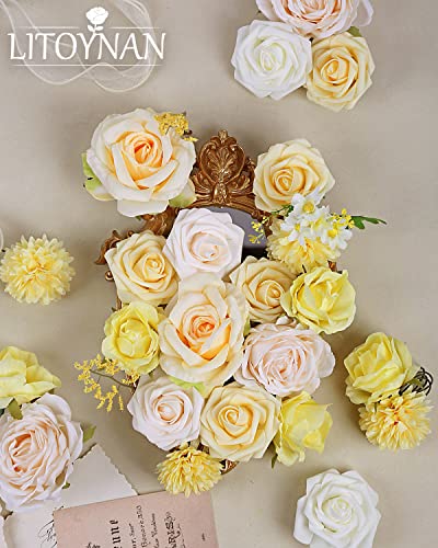 Artificial Flower Combo Flowers Exquisite Yellow Flower Box Set for DIY Bouquets Centerpieces Floral Arrangements, Multi Use Wedding Party Home Decorations Faux Flowers（Yellow & Peach ） - color: Yellow&peach