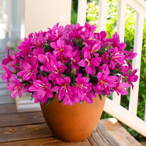 INSPRING Artificial Fake Flowers for Outdoors Spring Outside Decoration, 3 Bundles Silk Azalea Faux Plants UV Resistant Realistic Outdoor Flowers for Planter Porch Patio Garden Walkways Home, Fuchsia - color: Fuchsia