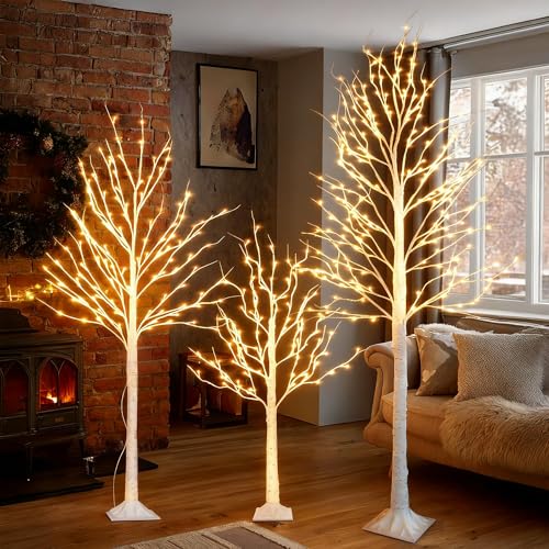 TW SHINE Set of 3 Lighted Birch Tree, 4FT 6FT 8FT White Artificial Christmas Tree with Total 456 LED Light, Prelit Waterproof Christmas Decoration for Indoor Outdoor Thanksgiving Wedding Holiday - color: 3 Pack