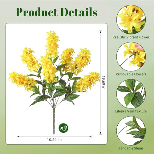 Artificial Flowers 3 Pcs Hyacinth Fake Flowers 19.69” Silk Flowers for Outside, Delphinium Outdoor Faux Flowers Fake Plants for Porch Patio Balcony Yard Indoor Home Decor - color: 3pcs Yellow