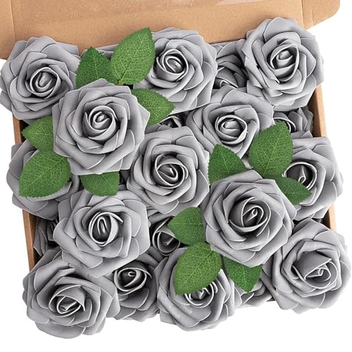 N&T NIETING Artificial Flowers Rose, 50pcs Gray Fake Foam Flowers with Stems for DIY Wedding Bridesmaid Bridal Bouquets Centerpieces Home Arrangement Party Tables Decoration - color: Grey, size: 50pcs