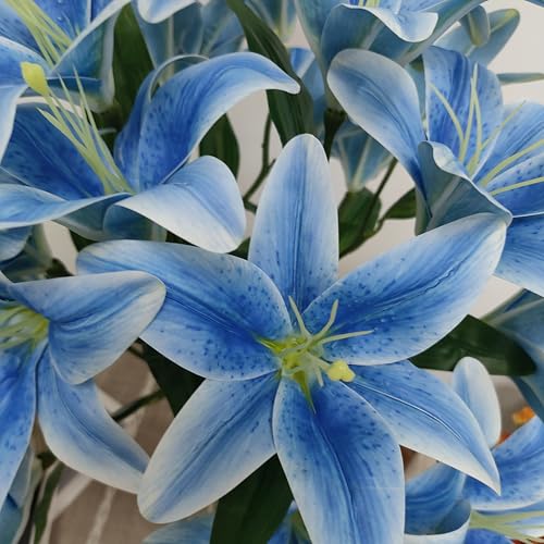 Blue Lily Artificial Flowers,6 Pcs Flowers,23 Inch Long Stem Tiger Lilies Branch with 3 Full Blooms and 4 Leaves, Latex Real Touch Lilium Flower for Wedding Bouquet - color: Blue