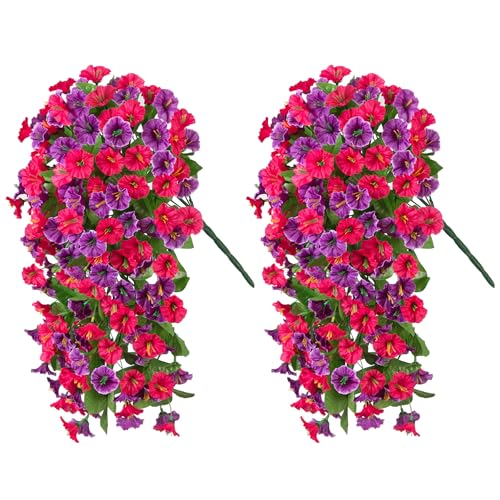 INXUGAO Artificial Fake Hanging Flowers Plants for Outdoor Spring Summer Decoration, 2PCS Faux Silk Morning Glory Long Vines Stems UV Resistant Look Real for Outside Home Porch Patio, Hot Pink Purple - color: Rose Red Violet