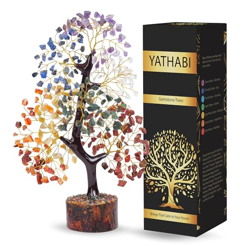 YATHABI 7 Chakra Tree of Life Decor - Crystal Tree - Feng Shui Decor - Crystal Bonsai Tree - Gem Tree - Gemstone and Crystals - Spiritual Tree - Chakra Stones - Crystal Gifts - Birthday Gift for Women - color: Seven Chakra Golden Wire, size: 10 Inch