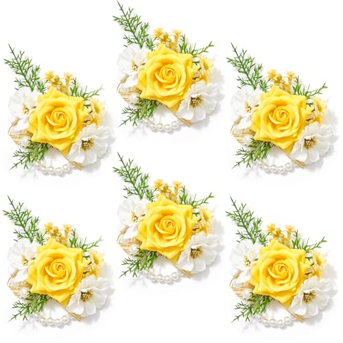 Serwalin 6 PCS Yellow Wrist Corsage for Wedding, Artificial Silk Rose Flower Corsage Wristlet Décor for Prom Homecoming Party, Prom Corsage for Bride Bridesmaids Mothers of the Bride and Groom - color: Yellow, size: Corsage 6pcs