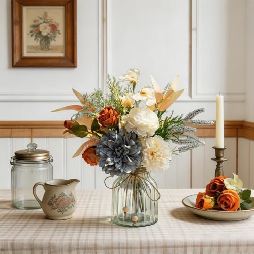 LESING Dahlia Flower Aritificial Flower with Vase Fake Silk Flowers in Glass Vase Faux Rose Flowers Arrangement for Home Office Table Centerpiece Decoration (Blue) - color: Blue