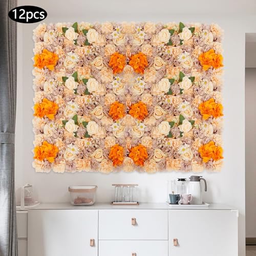 12Pcs Artificial Flower Wall Panel 3D Floral Backdrop Walls 15" X 15" Flower Wall Decor Flower Backdrop Faux Rose Panel for Party Home Background, Champagne and Autumn Warm - color: White, Green
